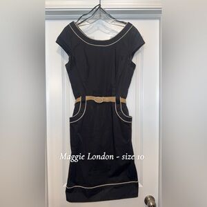 Maggy London Black and Tan Sheath Dress with Cap Sleeves